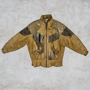 Vintage 80’s John Weitz Brown Cooper Gold Black Leather Bomber Jacket Large